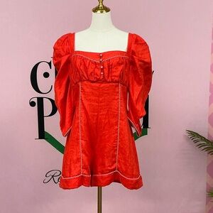 FARM Rio Red Puff Sleeve Satin Mini Jumpsuit